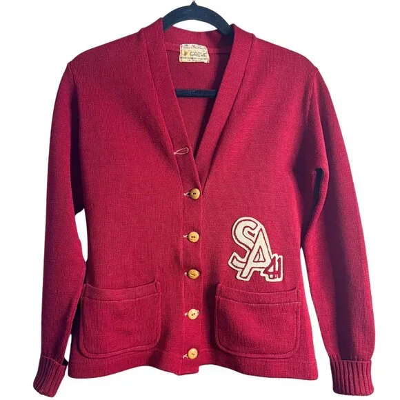 Pitzer & Warwick Vintage Varsity Cardigan Wool Letterman Sweater SA 41 Red - Picture 9 of 9